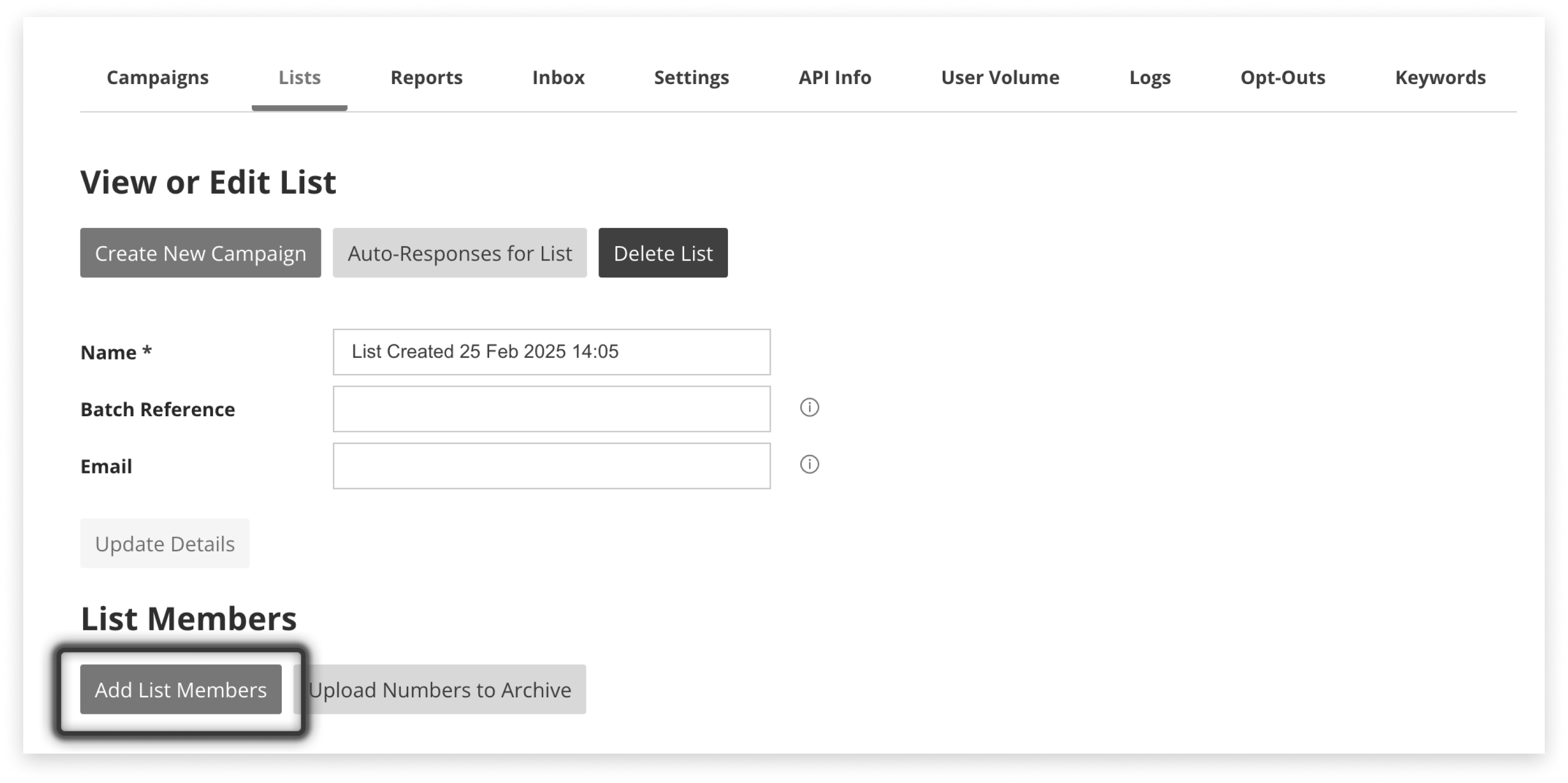 Black and white screenshot highlighting the button to click to add memebers to an existing list in campaign manager