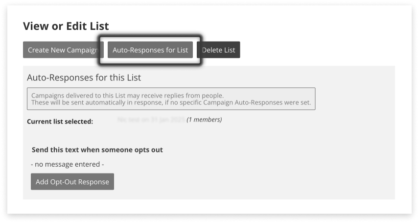 Black and white screenshot of where to create responses per capaign to a new list, in campaign manager