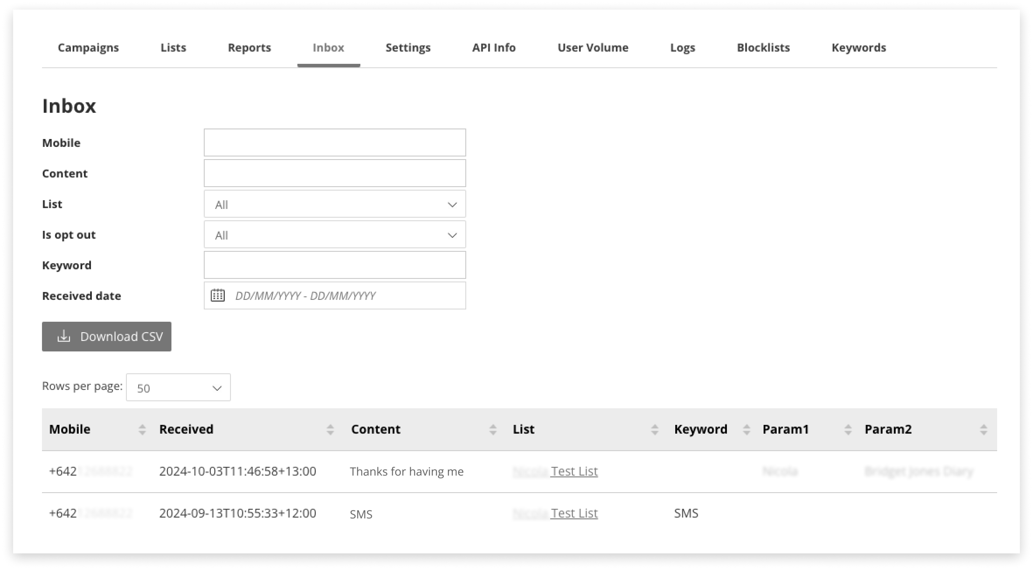 Black and white screenshot of inbox in campaign manager