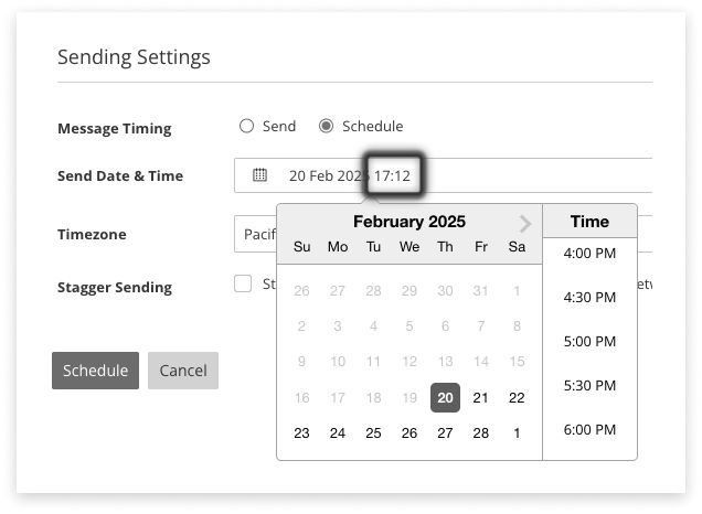 Black and white screenshot of where to schedule a campaign in campaign manager, and where to click to type a specific time, down to the minute