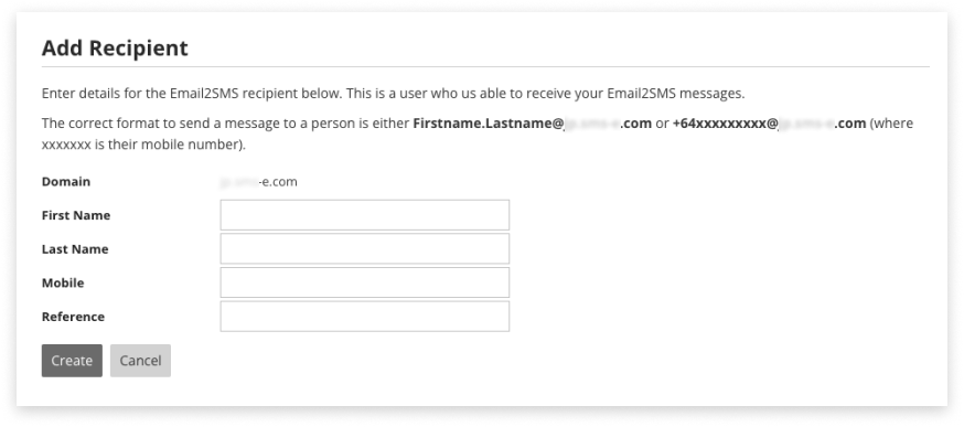 Black and white screenshot of Add Recipient settings inside Recipient tab of E2S