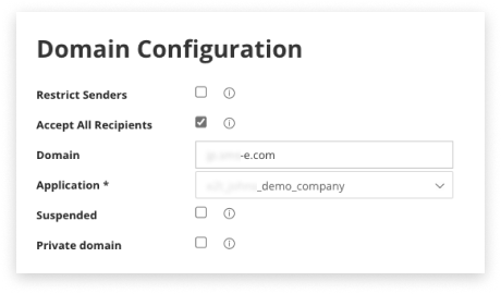 Black and white screenshot of Domain settings inside Email2SMS