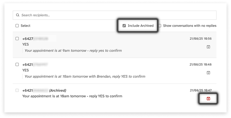 colourful screenshot showing the 'include archived' checkbox and 'unarchive' icon in EziMessage