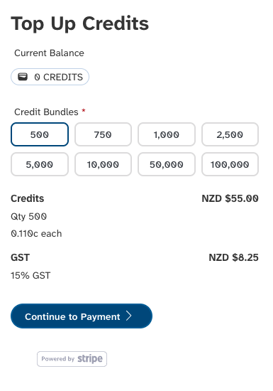 colourful screenshot showing top up credits interface and message credit selection