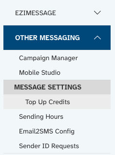 colourful screenshot showing naviation with Top Up Credits section