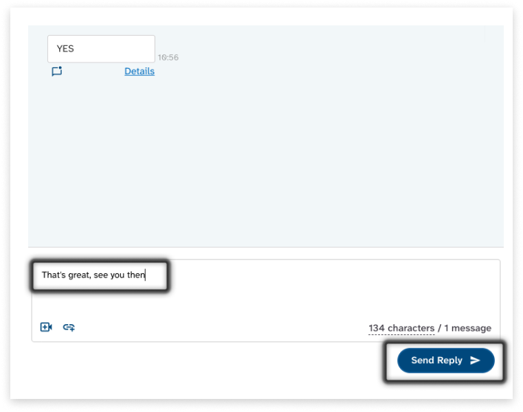 colourful screenshot showing the conversational response box and reply button in EziMessage