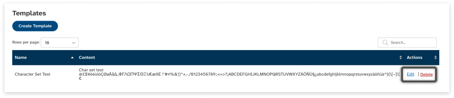 colourful screenshot showing what to click to edit or delete templates in EziMessage