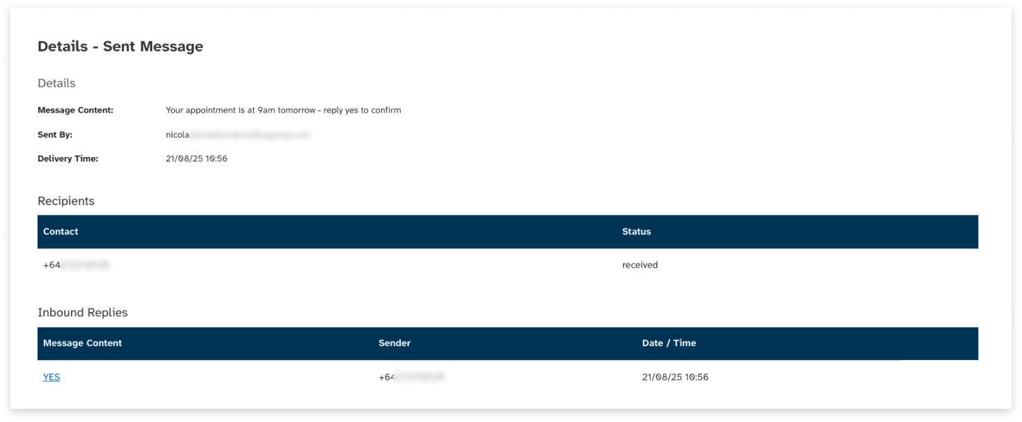 colourful screenshot showing message history details of a sent message in EziMessage