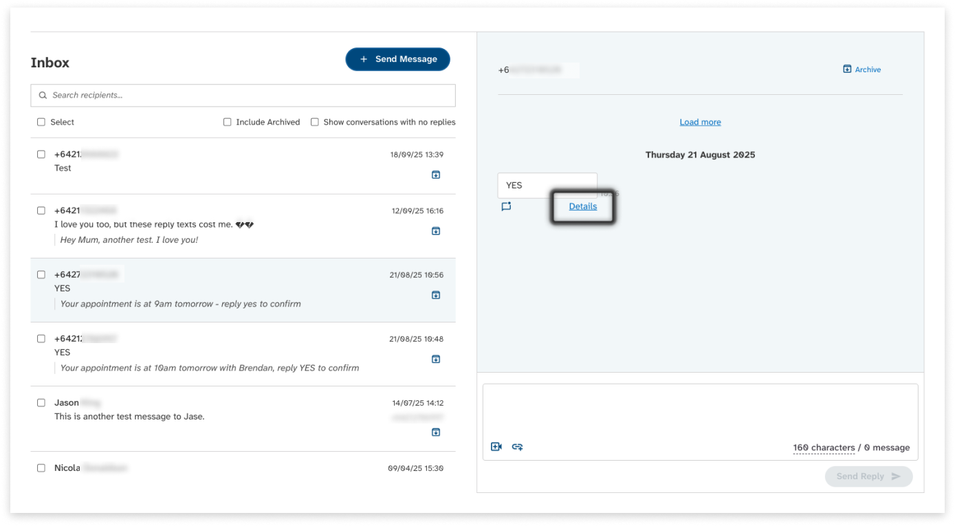 colourful screenshot showing where to access message history from the inbox in EziMessage