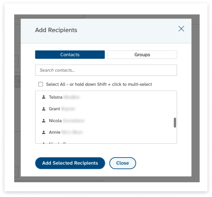 colourful screenshot showing options to add recipients when sending a New Message under EziMessage