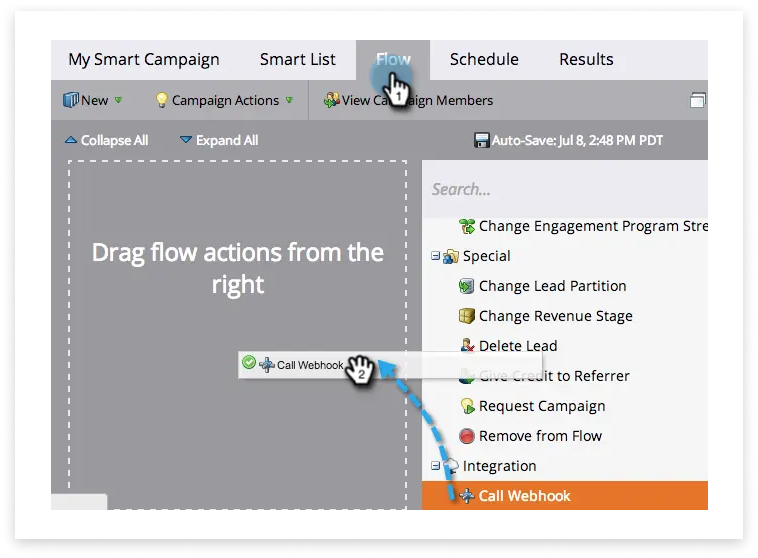 Colourful screenshot of Marketo Engage, showing the flow tab selected and a 'call webhook' item being dragged into the configuraion