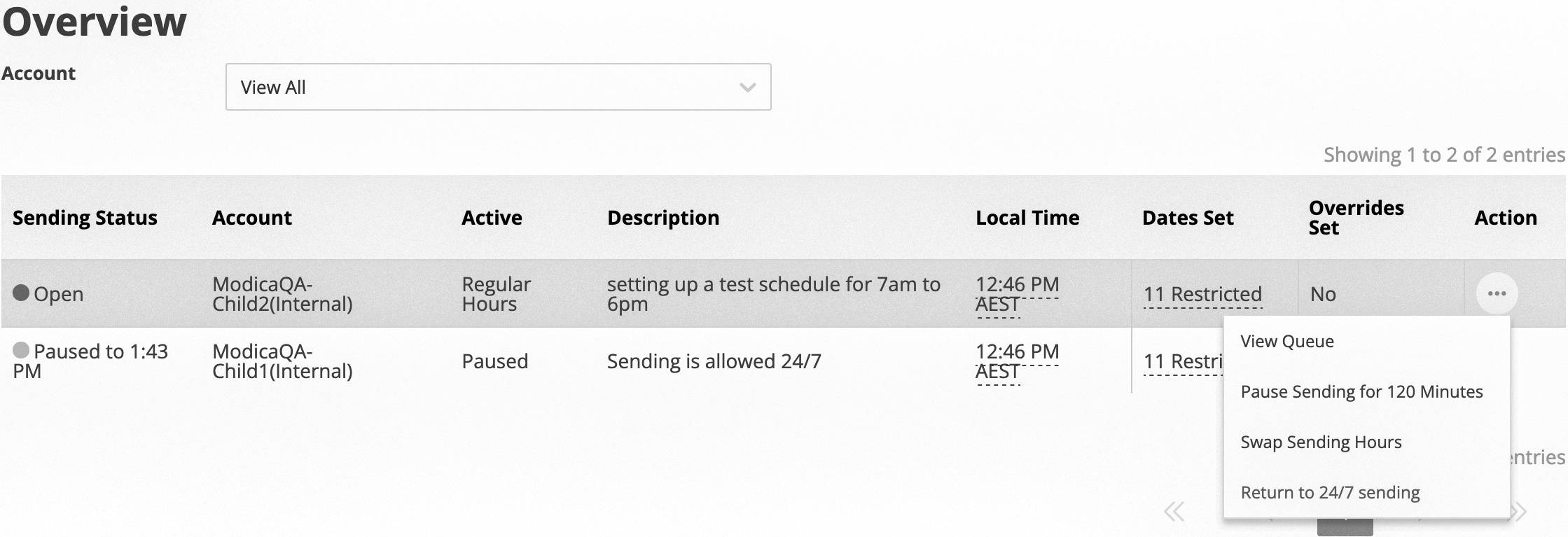 screenshot of Create Sending Hours form