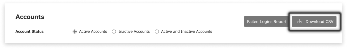 Black and white screeshot of the 'download csv' button in the User Accounts tab